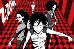 Rule 34 | 3boys, afro, alternate costume, ascot, bracelet, brook (one piece), cane, checkered floor, color background, floor, hat, unworn hat, unworn headwear, jewelry, looking at viewer, male focus, monkey d. luffy, monochrome, multiple boys, one piece, red background, red theme, ring, scar, skeleton, spot color, stampede string, straw hat, striped, sunglasses, usopp