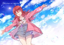 Rule 34 | 1girl, absurdres, ahoge, blue sky, bubble, cloud, commentary request, dutch angle, closed eyes, hair between eyes, highres, hood, hooded jacket, idolmaster, idolmaster shiny colors, inui/byte, jacket, jewelry, komiya kaho, long hair, long sleeves, looking at viewer, miniskirt, necklace, open mouth, pink jacket, red hair, skirt, sky, solo, sun