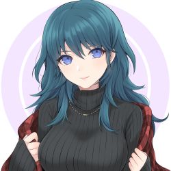 Rule 34 | 1girl, alternate costume, black sweater, blue eyes, blue hair, breasts, byleth (female) (fire emblem), byleth (fire emblem), casual, commentary request, contemporary, fire emblem, fire emblem: three houses, hair between eyes, highres, jewelry, large breasts, long hair, long sleeves, looking at viewer, necklace, nintendo, plaid, ribbed sweater, shawl, shimizu akina, sleeves past wrists, smile, solo, sweater, turtleneck, turtleneck sweater, upper body, white background
