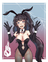 Rule 34 | 1girl, :d, absurdres, animal ears, architect (girls&#039; frontline), bare shoulders, black gloves, black hair, black leotard, blunt bangs, blush, breasts, bunny day, cleavage, clothing cutout, collarbone, commentary, cowboy shot, detached collar, elbow gloves, english commentary, fake animal ears, fishnet pantyhose, fishnets, girls&#039; frontline, gloves, gluteal fold, gradient background, hair ornament, hands up, highres, kemonomimicon, large breasts, leotard, long hair, looking at viewer, navel, navel cutout, nervous sweating, one side up, open hands, open mouth, pantyhose, playboy bunny, purple eyes, rabbit ears, rabbit girl, sangvis ferri, shark, simple background, smile, solo, standing, straight-on, strapless, strapless leotard, sweat, teeth, trembling, upper teeth only, very long hair, white wrist cuffs, wrist cuffs