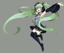 Rule 34 | 1girl, alternate color, armpits, arms up, artist name, black footwear, black skirt, black thighhighs, boots, breasts, collared shirt, commentary, detached sleeves, full body, green eyes, green hair, green necktie, grey background, grey shirt, hatsune miku, headset, jumping, long hair, miniskirt, necktie, open mouth, pleated skirt, shirt, signature, simple background, skirt, sleeveless, sleeveless shirt, small breasts, solo, thigh boots, thighhighs, twintails, upskirt, very long hair, vocaloid, zambiie, zettai ryouiki
