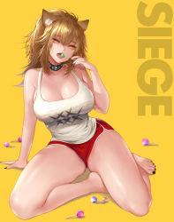 Rule 34 | 1girl, animal ear fluff, animal ears, arknights, bare shoulders, breasts, candy, character name, cleavage, collar, collarbone, food, full body, hair between eyes, large breasts, lion ears, lion girl, lollipop, looking at viewer, nail polish, potetos7, red shorts, short shorts, shorts, siege (arknights), simple background, sitting, solo, studded choker, studded collar, tank top, toenail polish, toenails, white tank top, yellow background, yellow eyes