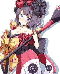 Rule 34 | 1girl, absurdres, aikawa ryou, bare shoulders, black flower, black hair, blue eyes, blush, bow, breasts, cleavage, collarbone, commentary request, fate/grand order, fate (series), flower, hair flower, hair ornament, highres, holding, holding paintbrush, japanese clothes, katsushika hokusai (fate), kimono, looking at viewer, medium breasts, paintbrush, purple eyes, purple hair, red flower, short hair, simple background, smile, solo, white background