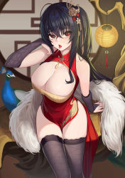Rule 34 | 1girl, arm support, azur lane, bad id, bad pixiv id, bare shoulders, bird, black hair, breasts, bridal gauntlets, china dress, chinese clothes, cleavage cutout, clothing cutout, commentary, crossed bangs, cutout above navel, dress, feather boa, fishnet thighhighs, fishnets, from above, highres, komi (komiking), large breasts, long hair, looking at viewer, official alternate costume, on table, peacock, peacock feathers, pelvic curtain, red dress, red eyes, saliva, saliva trail, skindentation, solo, table, taihou (azur lane), taihou (phoenix&#039;s spring song) (azur lane), thighhighs, thighs, tongue, tongue out, very long hair