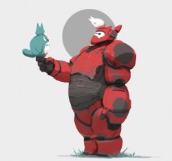 Rule 34 | 1980s (style), armor, baymax, big hero 6, circle, crossover, disney, from side, gloves, grass, grey background, highres, looking at another, looking down, no humans, oldschool, outstretched arm, retro artstyle, rust, shade, sketch, snatti, standing, standing on another&#039;s head, studio ghibli, tonari no totoro, totoro