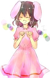 Rule 34 | 1girl, :d, ^ ^, animal ears, bad id, bad pixiv id, black hair, blush, brown hair, closed eyes, cowboy shot, dress, female focus, gumi shinou, inaba tewi, open mouth, paw pose, pink dress, puffy short sleeves, puffy sleeves, rabbit ears, sadashiki, short hair, short sleeves, smile, solo, standing, touhou