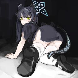 Rule 34 | 1girl, all fours, animal ears, ass, black dress, black footwear, black hair, black ribbon, blue archive, china dress, chinese clothes, closed mouth, dress, green eyes, hair ornament, hair ribbon, halo, highres, kuro4221, long hair, looking at viewer, looking back, ribbon, short sleeves, shun (blue archive), shun (small) (blue archive), signature, socks, solo, thighhighs, twintails, white thighhighs