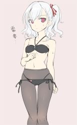 Rule 34 | 1girl, aohashi ame, bikini, black bikini, black pantyhose, breasts, closed mouth, commentary request, grey background, hair ribbon, halterneck, highres, komagome azuzu, light frown, looking at viewer, medium hair, multi-strapped bikini, navel, one side up, pantyhose, pantyhose under swimsuit, red ribbon, ribbon, senyoku no sigrdrifa, side-tie bikini bottom, simple background, sketch, small breasts, solo, standing, sweatdrop, swimsuit, thigh gap, translated, white hair