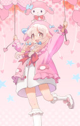 Rule 34 | 1girl, :d, arms up, blue bow, bobby socks, bow, brown eyes, commentary request, creature on head, footwear bow, hair between eyes, hair bobbles, hair bow, hair ornament, heart, highres, jacket, kyarahiba, long hair, looking at viewer, my melody, official alternate costume, onii-chan wa oshimai!, open clothes, open jacket, open mouth, oyama mahiro, pink bow, pink hair, pink jacket, sanrio, shoes, smile, socks, solo, unzipped, white footwear, white socks, zipper