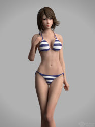 Rule 34 | 1girl, 3d, absurdres, bikini, breasts, brown hair, cleavage, closed mouth, collarbone, final fantasy, final fantasy x, green eyes, grey background, heterochromia, highres, looking at viewer, medium breasts, navel, realistic, short hair, side-tie bikini bottom, simple background, solo, standing, striped bikini, striped clothes, su19451117, swimsuit, thigh gap, yuna (ff10)