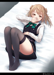 Rule 34 | 1girl, ascot, bed, black thighhighs, blush, breasts, covering own mouth, double bun, dress, from above, full body, green ascot, hair bun, hair flaps, hand over own mouth, harukana (harukana 10), highres, kantai collection, letterboxed, light brown hair, lying, michishio (kancolle), michishio kai ni (kancolle), on back, panties, pinafore dress, shirt, short sleeves, short twintails, sleeveless, sleeveless dress, small breasts, solo, thighhighs, twintails, underwear, white panties, white shirt, yellow eyes
