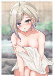 Rule 34 | 1girl, blonde hair, blurry, blurry background, breasts, cleavage, commentary request, covering privates, cowboy shot, gradient hair, grey eyes, highres, holding, holding towel, jean bart (kancolle), kantai collection, kasashi (kasasi008), medium breasts, multicolored hair, naked towel, onsen, parted lips, short hair, solo, towel, white towel