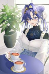 Rule 34 | 1girl, blue eyes, blue hair, blush, coffee cup, cup, disposable cup, hair bun, highres, jewelry, light smile, looking at viewer, necklace, plant, reverse:1999, smile, solo, voyager (reverse:1999), zzinbbang