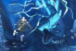Rule 34 | 1boy, armor, bad id, bad pixiv id, bubble, character request, commentary request, dragon, electricity, fantasy, fish, floating, giant, giant monster, glowing, glowing eyes, highres, lagiacrus, looking at another, armored boots, monster hunter (series), scabbard, scales, sheath, shield, short sword, sword, weapon on back, underwater, wasabi60, weapon, yellow eyes