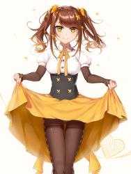 Rule 34 | 1girl, aidesa, bad id, bad pixiv id, blush, bow, breasts, brown gloves, brown hair, brown pantyhose, closed mouth, clothes lift, collared shirt, commentary, dress shirt, elbow gloves, english commentary, fingerless gloves, fingernails, gloves, hair bow, head tilt, heart, highres, lifted by self, long hair, medium breasts, neck ribbon, orange bow, orange ribbon, orange skirt, original, panties, panties under pantyhose, pantyhose, puffy short sleeves, puffy sleeves, ribbon, shirt, short sleeves, sidelocks, skirt, skirt lift, smile, solo, thighband pantyhose, twintails, underwear, white background, white shirt, yellow eyes
