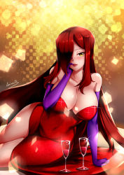 Rule 34 | 1girl, alternate costume, bad id, bad pixiv id, bare shoulders, blush, breasts, cleavage, commission, cosplay, covered navel, crossover, cup, curvy, dress, drink, drinking glass, drunk, elbow gloves, gainoob, glass, glasses, gloves, hair over one eye, hip focus, jessica rabbit, jessica rabbit (cosplay), large breasts, lipstick, long hair, looking at viewer, makeup, navel, parasoul (skullgirls), purple gloves, red dress, red hair, red lips, skullgirls, solo, stomach, table, thick thighs, thighs, very long hair, who framed roger rabbit, wide hips, wine glass, yellow eyes
