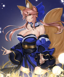 Rule 34 | 1girl, animal ear fluff, animal ears, blue kimono, breasts, choker, cleavage, commentary request, ears through headwear, fate/extra, fate/extra ccc, fate/grand order, fate (series), fox ears, fox girl, fox shadow puppet, fox tail, grass, hair ribbon, highres, japanese clothes, kimono, large breasts, long hair, long sleeves, night, night sky, orb, outdoors, pink hair, ribbon, shirofugu, sky, smile, solo, tail, tamamo (fate), tamamo no mae (fate/extra), thighhighs, yellow eyes