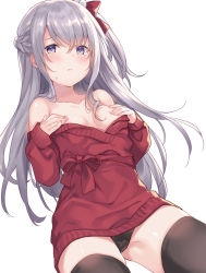 1girl bad_id bad_pixiv_id bare_shoulders black_panties black_thighhighs bow braid breasts closed_mouth collarbone commentary_request covering_privates covering_breasts dress grey_hair hair_bow highres kurasawa_moko long_hair long_sleeves looking_at_viewer medium_breasts off-shoulder_sweater off_shoulder one_side_up original panties purple_eyes red_sweater sidelocks simple_background solo sweat sweater sweater_dress thighhighs underwear white_background