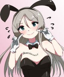 Rule 34 | 1girl, @ @, alternate costume, ame-rain, animal ears, bare shoulders, black bow, black bowtie, blush, bow, bowtie, commentary request, detached collar, fake animal ears, finger to cheek, gloves, gradient background, green eyes, grey hair, hair between eyes, highres, javelin (kancolle), kantai collection, leotard, long hair, looking at viewer, partial commentary, pink background, playboy bunny, rabbit ears, simple background, smile, solo, twitter username, white gloves, wing collar