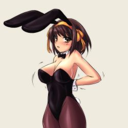 Rule 34 | 1girl, animal ears, arms behind back, bare shoulders, blush, bow, bowtie, breasts, brown eyes, brown hair, rabbit ears, rabbit tail, playboy bunny, cleavage, detached collar, fake animal ears, female focus, hairband, haruhisky, large breasts, looking at viewer, open mouth, pantyhose, short hair, shy, solo, standing, suzumiya haruhi, suzumiya haruhi no yuuutsu, tail, wrist cuffs
