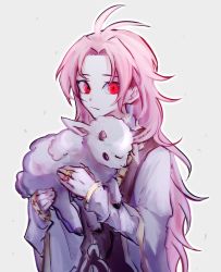 Rule 34 | 1boy, animal, antenna hair, chinese commentary, closed mouth, commentary request, dice156, hatsutori hajime, holding, holding animal, jewelry, long hair, long sleeves, male focus, parted bangs, pink hair, ponytail, red eyes, ring, saibou shinkyoku, sheep, shirt, simple background, solo, upper body, white background, white shirt