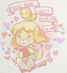 Rule 34 | 1girl, animal crossing, book, clipboard, grey background, heart, isabelle (animal crossing), looking away, nintendo, open book, pastel colors, poyochan, simple background, stapler, valentine card, writing