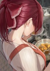 Rule 34 | 1girl, alternate costume, alternate hairstyle, breasts, cooking, from behind, highres, hololive, houshou marine, long hair, medium breasts, musunde hiraite (mh5jta), nape, neck, ponytail, red hair, ribbon, solo, virtual youtuber