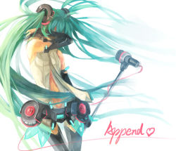 Rule 34 | 1girl, aqua hair, elbow gloves, female focus, fingerless gloves, gloves, hatsune miku, hatsune miku (append), hikariz, long hair, lowres, microphone, microphone stand, necktie, simple background, solo, thighhighs, twintails, very long hair, vocaloid, vocaloid append, white background
