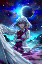 Rule 34 | 1girl, bow, bowtie, brooch, closed mouth, cowboy shot, dress, feathered wings, floating hair, fog, grey jacket, hair between eyes, highres, jacket, jewelry, kishin sagume, long sleeves, looking at viewer, mountain, petals, playing with own hair, purple dress, red bow, red bowtie, red eyes, short hair, silver hair, single wing, sky, sleeve cuffs, solo, star (sky), starry sky, touhou, white wings, wings, ze xia