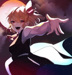 Rule 34 | 1girl, absurdres, ascot, black skirt, black vest, blonde hair, breasts, commentary request, eyelashes, full moon, hair ribbon, highres, kappa mame, moon, night, night sky, open mouth, outstretched arms, red ascot, red eyes, red ribbon, ribbon, rumia, short hair, skirt, sky, small breasts, star (sky), touhou, vest, white sleeves