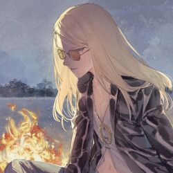 Rule 34 | 1boy, black jacket, blonde hair, commentary, fate/grand order, fate (series), fire, glasses, grey eyes, grey pants, grey shirt, highres, jacket, jewelry, long hair, long sleeves, looking at viewer, male focus, midriff, navel, necklace, open clothes, open jacket, outdoors, pants, qiuyun62303677, shirt, sitting, smile, solo, sunglasses, swept bangs, tezcatlipoca (fate)