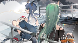 Rule 34 | 2girls, absurdres, alternate costume, aniao ya, arknights, arm ribbon, arm scarf, bare shoulders, black footwear, black shorts, blue hair, blue jacket, cake, ch&#039;en (arknights), commentary request, dragon horns, dragon tail, food, from behind, fruit, green hair, highres, horns, hoshiguma (arknights), hoshiguma (ronin huntress) (arknights), jacket, long hair, looking to the side, multiple girls, off shoulder, official alternate costume, pointy ears, railing, red eyes, ribbon, shirt, shorts, single horn, sitting, skin-covered horns, sleeveless, sleeveless shirt, stairs, strawberry, tail, white shirt