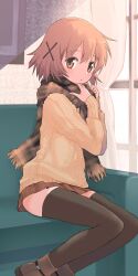 Rule 34 | 1girl, absurdres, black thighhighs, blush, boots, brown eyes, brown hair, couch, cup, curtains, day, dot nose, epsg3395, female focus, hair ornament, hidamari sketch, highres, long sleeve shirt, long sleeves, looking at viewer, medium hair, open mouth, scarf, sitting, solo, sunlight, sweater, thighhighs, x hair ornament, yuno (hidamari sketch)