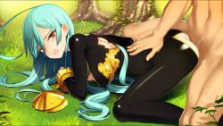 Rule 34 | 1girl, all fours, ass, breasts, clothed female nude male, clothed sex, doggystyle, eiyuu senki, eiyuu senki gold, game cg, grass, green hair, large breasts, legs, long hair, looking at viewer, no panties, nude, ooyari ashito, open mouth, red eyes, sex, sex from behind, sideboob, siegfried (eiyuu senki), sweat, tenco, thighs, tree, vaginal