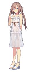 Rule 34 | 1boy, blue eyes, blush, brown hair, closed mouth, collarbone, crossdressing, dress, feet, high heels, highres, long hair, looking at viewer, male focus, middle finger, musyne xsk, original, sandals, solo, sundress, toes, trap, twintails, white dress
