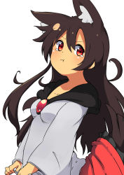 Rule 34 | 1girl, absurdres, animal ears, brooch, brown hair, dress, highres, imaizumi kagerou, jewelry, layered dress, long hair, long sleeves, looking at viewer, omotin, pout, red eyes, simple background, skirt, solo, tail, touhou, very long hair, white background, wolf ears, wolf tail