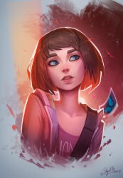 Rule 34 | 1girl, absurdres, angelmoonlight, belt, belt over shoulder, blue eyes, brown belt, brown hair, collarbone, freckles, highres, jacket, life is strange, looking to the side, max caulfield, open clothes, open jacket, pink jacket, pink shirt, shirt, short hair, signature, solo, upper body