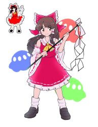 Rule 34 | 1girl, bow, brown eyes, brown hair, clover (clover11 40), gameplay mechanics, gohei, hair bow, hakurei reimu, highres, holding, holding gohei, jacket, looking at viewer, nontraditional miko, red bow, red jacket, red skirt, reference inset, skirt, smile, solo, touhou, ufo, undefined fantastic object, white background