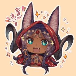 Rule 34 | + +, 1girl, :3, :d, animal ears, blue eyes, breasts, circlet, cleavage, dark skin, dark-skinned female, fang, fate/grand order, fate (series), halterneck, hood, horns, looking at viewer, midriff, open mouth, purple hair, queen of sheba (fate), smile, solo, sparkle, sukemyon, ^^^, symbol-shaped pupils, thumbs up, translation request