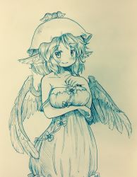 Rule 34 | 1girl, animal ears, arinu, bare shoulders, bird wings, blush, breasts, collarbone, dress, feathered wings, hat, highres, large breasts, looking at viewer, medium hair, monochrome, mystia lorelei, smile, solo, spaghetti strap, strap slip, touhou, traditional media, wings