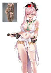 1girl absurdres armlet bead_necklace beads blush breasts closed_eyes facing_viewer fate/grand_order fate_(series) hair_ornament highres indian_style jewelry katana large_breasts long_hair meme miyamoto_musashi_(fate) navel necklace open_mouth photo_inset pink_hair ponytail reference_inset revealing_clothes ryouya sheath sheathed shiny_skin simple_background sitting skirt smile swept_bangs sword thighs weapon white_background white_skirt yakshi_statue_(meme)