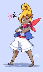 Rule 34 | 1girl, ;), bad id, bad tumblr id, barefoot sandals (jewelry), bigdead, blonde hair, blue eyes, crossed arms, flat chest, full body, highres, hyrule warriors, neckerchief, nintendo, one eye closed, pointy ears, sandals, shorts, simple background, smile, solo, tetra, the legend of zelda, the legend of zelda: the wind waker, vest, wink