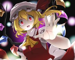 Rule 34 | 1girl, blonde hair, bwell, fang, fingernails, flandre scarlet, hat, mob cap, open mouth, red eyes, short hair, side ponytail, solo, touhou, wings