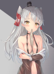 Rule 34 | 1girl, amatsukaze (kancolle), bare shoulders, blush, breasts, choker, covered erect nipples, grey background, grey hair, hair ornament, hand up, highres, holding, holding clothes, kantai collection, long hair, looking at viewer, mouth hold, navel, parufeito, sidelocks, simple background, small breasts, solo, yellow eyes