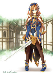 Rule 34 | 1girl, blue eyes, brown hair, cape, fantasy, kirishima satoshi, long hair, original, solo, sword, thighhighs, weapon