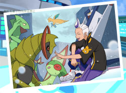 Rule 34 | 1boy, :d, archaludon, closed eyes, cloud, commentary request, creatures (company), day, dragonite, drayton (pokemon), flygon, from side, game freak, gen 1 pokemon, gen 2 pokemon, gen 3 pokemon, gen 5 pokemon, haxorus, highres, jacket, kingdra, male focus, nintendo, open mouth, outdoors, p 0 a, pants, pokemon, pokemon (creature), pokemon sv, purple pants, sceptile, shoes, short sleeves, sitting, sky, smile, snowing, teeth, upper teeth only, watermark, white hair