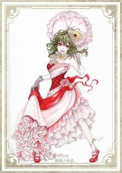 Rule 34 | 1girl, alternate costume, bare shoulders, breasts, cleavage, dress, flower, frilled dress, frilled ribbon, frills, full body, gloves, green hair, hair flower, hair ornament, high heels, holding, holding umbrella, kazami yuuka, lace, lace gloves, layered dress, lifted by self, looking at viewer, medium breasts, plaid, plaid dress, red eyes, red footwear, red ribbon, ribbon, rose, sakurai haruto, short hair, single glove, smile, solo, sunflower, sunflower hair ornament, touhou, umbrella