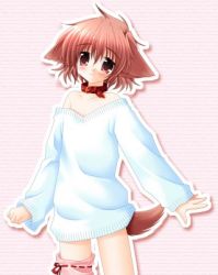 Rule 34 | 1girl, animal ears, asymmetrical clothes, bare shoulders, blush, bow legwear, child, collar, dog ears, dog tail, flat chest, hinata (pure pure), long sleeves, lowres, no bra, no pants, off shoulder, official art, oversized clothes, pink eyes, pink hair, pink thighhighs, pure pure, sakurazawa izumi, short hair, sleeves past wrists, solo, standing, striped, striped background, sweater, tail, thighhighs, zettai ryouiki