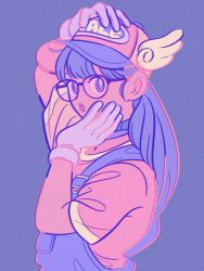 Rule 34 | 1girl, baseball cap, dr. slump, glasses, gloves, hand on own cheek, hand on own face, hand on own head, hat, limited palette, long hair, looking at viewer, open mouth, overalls, pink hat, pink shirt, print headwear, purple background, purple eyes, purple hair, purple overalls, purple theme, shirt, short sleeves, solo, upper body, uzuta, white gloves