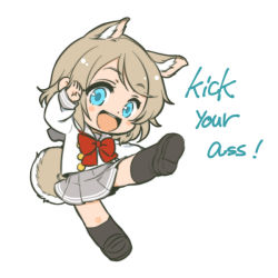 Rule 34 | 10s, 1girl, :d, animal ears, black footwear, black socks, blue eyes, blush stickers, bow, bowtie, chibi, english text, grey hair, kicking, long sleeves, looking at viewer, love live!, love live! sunshine!!, open mouth, red bow, red bowtie, salute, school uniform, serafuku, shinanoya (satanicad), shoes, short hair, simple background, skirt, smile, socks, solo, tail, uranohoshi school uniform, watanabe you, white background
